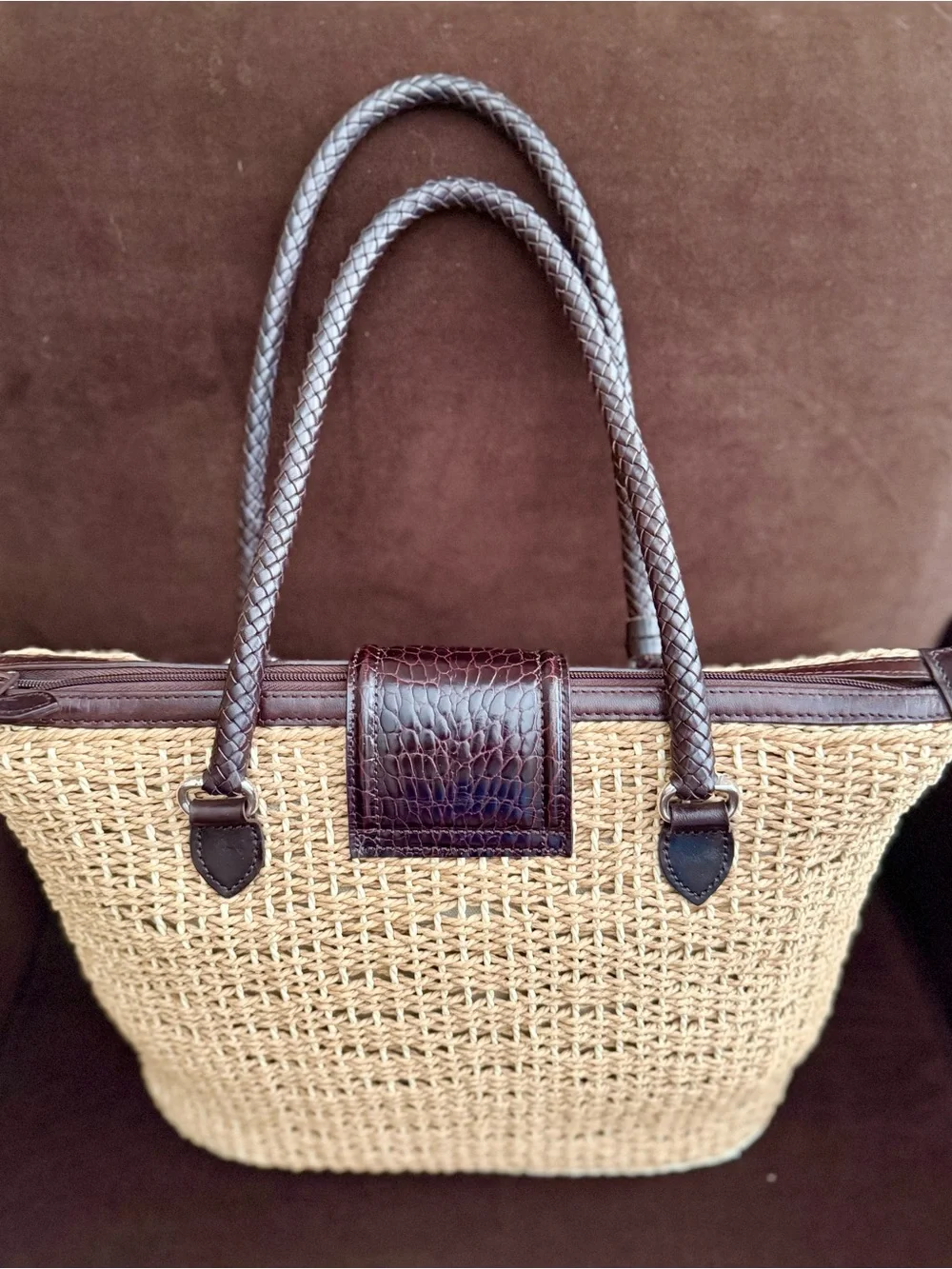 Brighton Penelope Woven Straw Shoulder Tote Dark Brown Trim and SilverHeartLogo